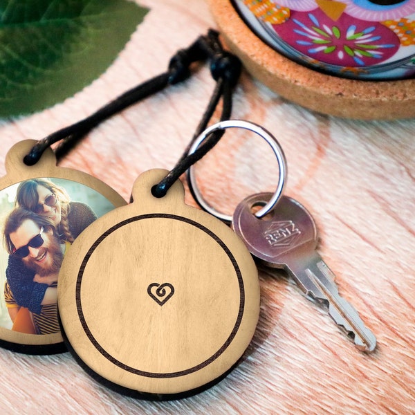 Schlüsselanhänger aus Holz mit Foto, Fotogeschenk personalisiert, Papa Mama Kind Partner Weihnachten Geburtstag Hochzeit Einzug, mit Bild