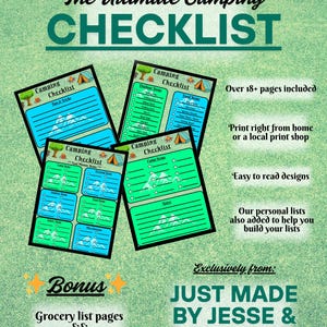 Op de afbeelding: Een teal en groene kampeerchecklist met de tekst "The Ultimate Camping Checklist" en de tekst "Bonus". De checklist bevat meer dan 18 pagina's, boodschappenlijsten en een maaltijdplanningsgids. Het ontwerp is gemakkelijk te lezen en bevat persoonlijke lijsten.
