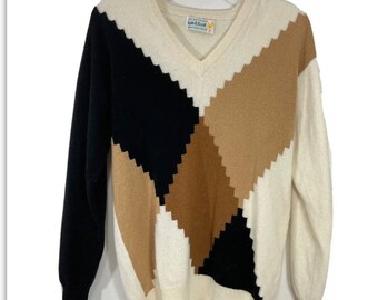 Vintage Lyle & Scott 40 Cream Tan Black 100% Cashmere Sweater V Neck Scotland