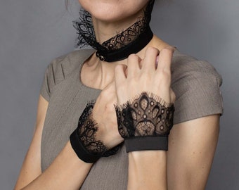 Black Lace Collar and Cuffs Set: Silk Goth Accessories