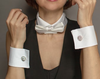 White detachable collar and cuffs with white bow tie, Detachable collar, White cotton Cuffs, White detachable cuffs, Silk white bow tie