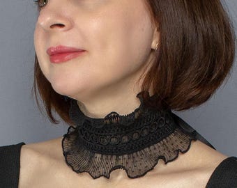 Black Lace Choker Collar: Gothic Victorian Pleated Chiffon