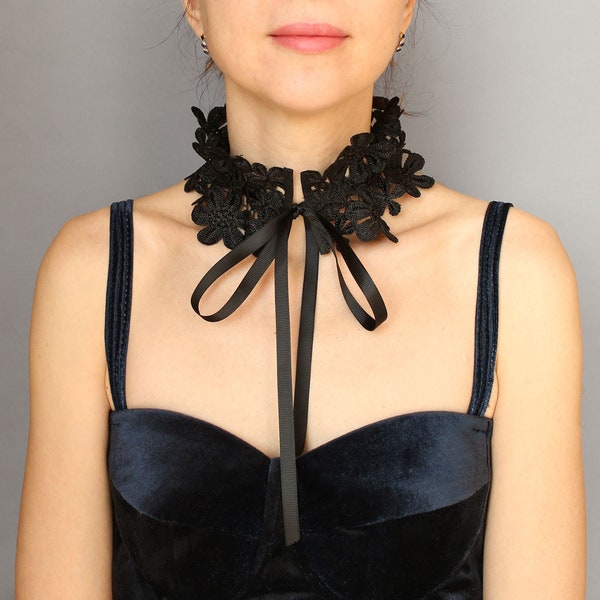 Black detachable collar Black Lace Collar Choker with Satin Ties Gothic or Steampunk Lace Neck Piece Removable black collar for her