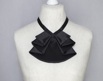 Black Silk Jabot: Detachable Ruffle Collar - Victorian Cravat