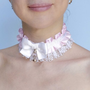 Pink Lace Kitten Collar: Ruffled Petplay Choker with Bell