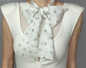 Silk chiffon scarf with a gray polka dot, Neck scarf, Long scarf, Summer scarf, Silk scarf, Head scarf, Scarf women, Womens bow tie