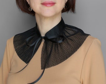 Black Detachable collar, Peter Pan collar,  Wide Chiffon choker, Fake Lace collar,  Black shirt necklace