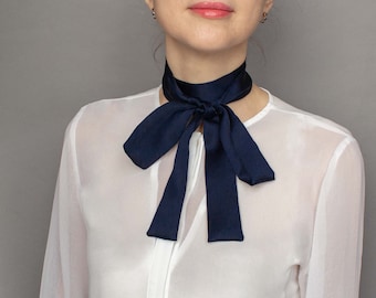 Navy Blue Silk Neck Scarf: Skinny Hair Tie, Neckerchief