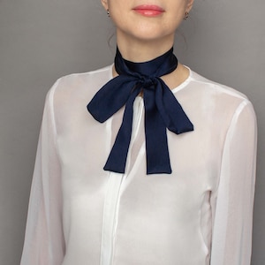 100% silk neck scarf, Blue navy neckerchief, Silk small neck scarf, Head Hair Scarves, Long Thin Scarf, Skinny necktie scarf, Silk Hair Tie