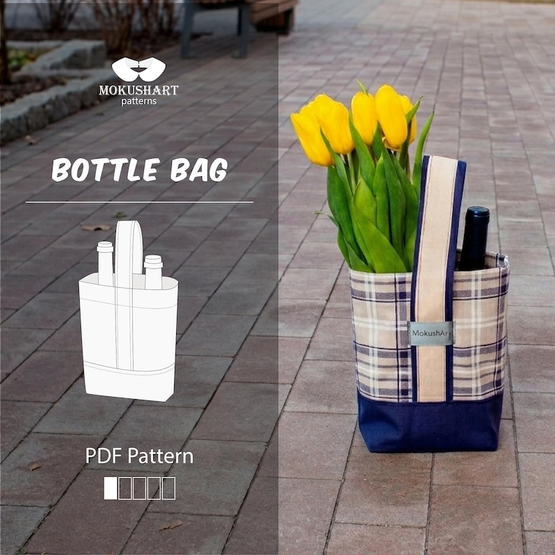 K&ouml;nnte beinhalten: Eine karierte Flaschentasche mit marineblauem Boden, die eine Weinflasche und gelbe Tulpen enth&auml;lt. Die Tasche hat ein beige-blaues Karomuster und einen beigen Griff. Der Text "BOTTLE BAG" wird auf der linken Seite des Bildes angezeigt.