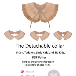 May include: Illustration of four detachable collars in a light brown color, with a ruffled edge and a bow. The text "The Detachable collar" is displayed, along with details for infants, toddlers, and kids. The image also includes social media icons.