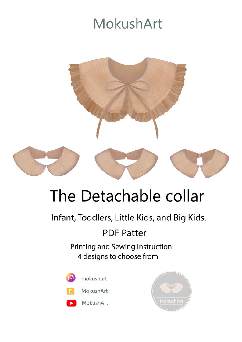 May include: Illustration of four detachable collars in a light brown color, with a ruffled edge and a bow. The text "The Detachable collar" is displayed, along with details for infants, toddlers, and kids. The image also includes social media icons.