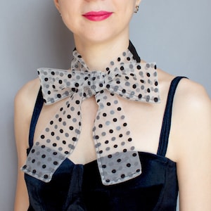 Black Polka Dot Chiffon Skinny Scarf: Silk Bow Tie