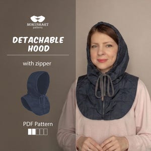 May include: A dark navy blue quilted detachable hood with a front zip and grey drawstring cords. The text reads MOKUSHART patterns, DETACHABLE HOOD, with zipper, and PDF Pattern. The hood features a diamond-stitched pattern and covers the head and neck area.