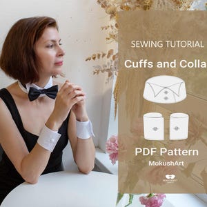 Könnte beinhalten: Näh-Anleitung für Manschetten und Kragen. PDF-Schnittmuster von MokushArt. Das Bild zeigt einen weißen Kragen und zwei weiße Manschetten mit Knöpfen.