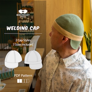 May include: A green welding cap with a tan band is worn by a person. The image includes a diagram of two cap styles and the text "WELDING CAP", "2 Cap Styles", and "7 Sizes Included". The pattern is a PDF.