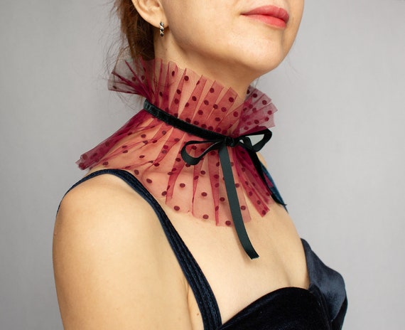 Burgundy Tulle Ruffled Collar: Detachable Neck Ruff, Velour Ribbon