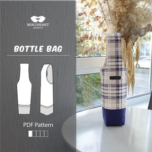May include: A bottle bag with a blue and beige plaid pattern, a navy blue base, and a beige handle. The bag has a small label and the text "MOKUSHART patterns" and "BOTTLE BAG". A PDF pattern is also shown.