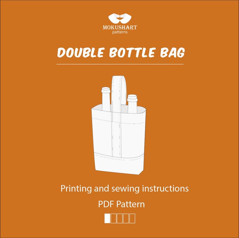 K&ouml;nnte beinhalten: Ein orangefarbener Hintergrund mit einer wei&szlig;en Illustration einer Doppel-Flaschen-Tasche. Der Text "MOKUSHART patterns" steht oben, darunter "DOUBLE BOTTLE BAG". Der Text "Printing and sewing instructions" und "PDF Pattern" stehen unten.