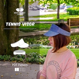 May include: A blue denim tennis visor with a structured brim and an adjustable back strap. The image includes the text MOKUSHART patterns, TENNIS VISOR, and PDF Pattern, along with a white line drawing of the visor design and four small squares.