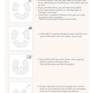 May include: A page from sewing instructions with diagrams and text. The title "Sewing instructions" is at the top. The instructions detail how to sew a collar, including cutting fabric, ironing, and stitching.