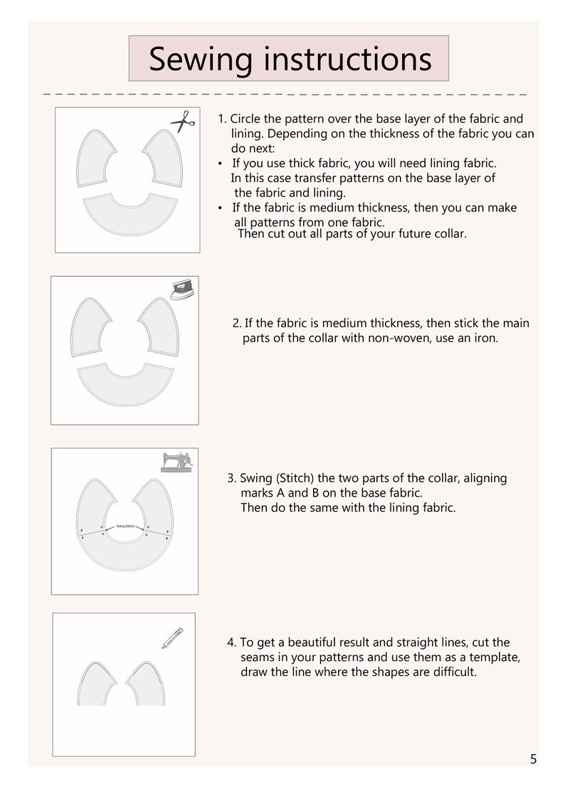 May include: A page from sewing instructions with diagrams and text. The title "Sewing instructions" is at the top. The instructions detail how to sew a collar, including cutting fabric, ironing, and stitching.