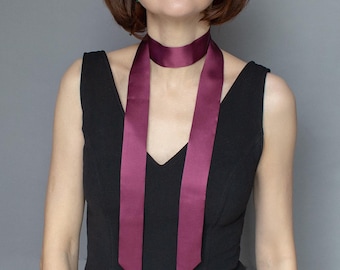 Burgundy Silk Skinny Scarf: Women&#39;s Neckerchief, Handmade
