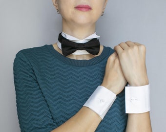 Detachable collar and cuffs set Removable collar White frill collar Black silk Bow Tie Detachable Wrist white cuffs