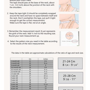 May include: A measurement table with instructions and illustrations for measuring a child's neck. Includes a table with age, centimeter, and inch measurements, and three size ranges: 21-24 cm (8 1/4 - 9 1/4 inches), 25-28 cm (9 7/8 - 11 inches), and 29-34 cm (11 5/8 - 13 3/8 inches).