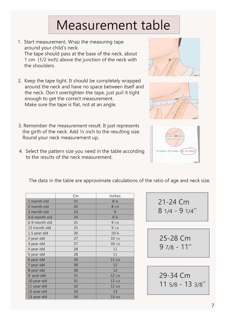 May include: A measurement table with instructions and illustrations for measuring a child's neck. Includes a table with age, centimeter, and inch measurements, and three size ranges: 21-24 cm (8 1/4 - 9 1/4 inches), 25-28 cm (9 7/8 - 11 inches), and 29-34 cm (11 5/8 - 13 3/8 inches).