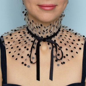 Beige Tulle Chiffon Collar: Black Polka Dot Victorian Ruffle