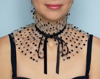 Beige Tulle Chiffon Collar: Black Polka Dot Victorian Ruffle