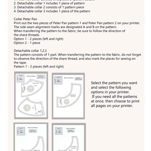 May include: A page from a sewing pattern instruction booklet. The text reads "Pattern assembly instruction" and details for four patterns, including Peter Pan collars and detachable collars. Diagrams of pattern pieces are included.