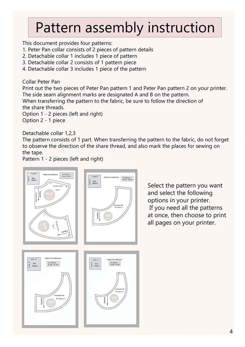 May include: A page from a sewing pattern instruction booklet. The text reads "Pattern assembly instruction" and details for four patterns, including Peter Pan collars and detachable collars. Diagrams of pattern pieces are included.