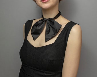 Black Silk Bow Tie Choker Necklace - Adjustable Ascot Tie