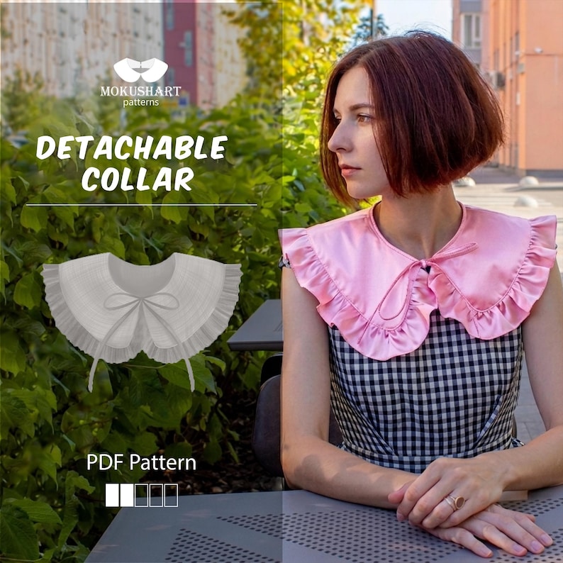 May include: A pink satin detachable collar with ruffled edges is worn by a person in a black and white checkered dress. The image also shows a white, ruffled collar with a bow and the text "DETACHABLE COLLAR" and "PDF Pattern".