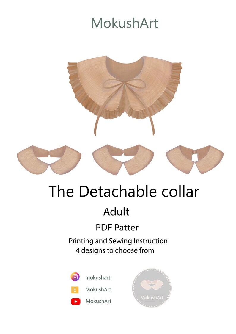 May include: Illustration of a detachable collar pattern with four design options. The collars are in a neutral beige color, with one featuring a ruffled edge and bow. Text includes "The Detachable collar" and "Adult".