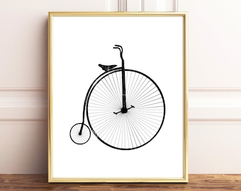 May include: Black and white silhouette of a vintage bicycle with a large front wheel and a small back wheel.