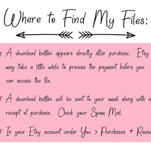 May include: Pink background with white text explaining where to find digital files after purchase on Etsy. The text includes instructions to check your spam folder and to find the files in your Etsy account under Purchases + Reviews.