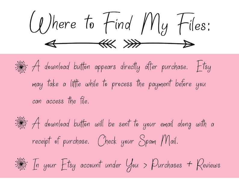 May include: Pink background with white text explaining where to find digital files after purchase on Etsy. The text includes instructions to check your spam folder and to find the files in your Etsy account under Purchases + Reviews.