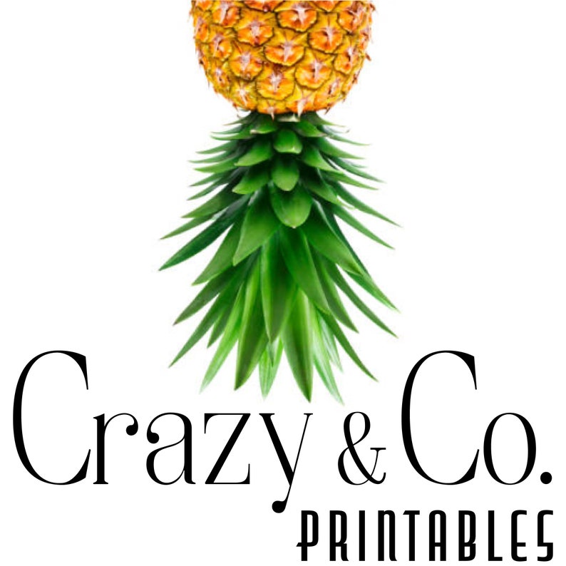 K&ouml;nnte beinhalten: Ein Logo f&uuml;r ein Unternehmen namens "Crazy & Co. Printables" mit einer Ananas mit gr&uuml;nen Bl&auml;ttern und einer gelben Spitze.