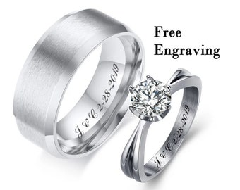 8mm Brushed silver tungsten promise ring set - matching his and her couple ring with custom engraving - engraved promise ring set for couple