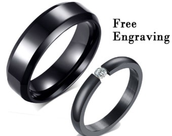 Black Promise ring for couple - matching ring set for him and her - his her matching band - diamond couple ring set - engraved couples rings