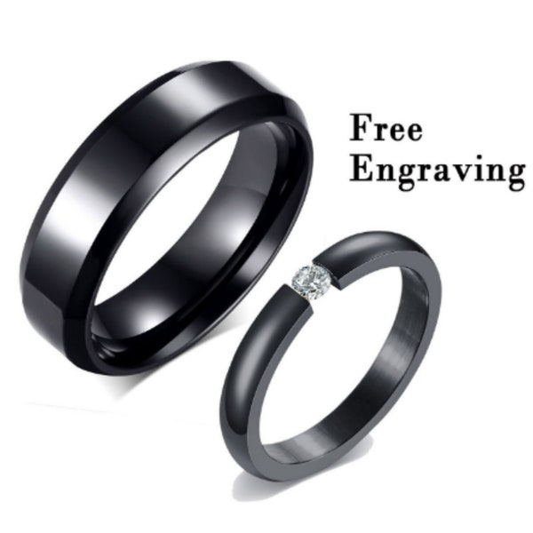 Black Promise ring for couple - matching ring set for him and her - his her matching band - diamond couple ring set - engraved couples rings