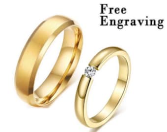 Gold Promise ring for couple - matching ring set for him and her - his her matching band - diamond couple ring set - engraved couples rings