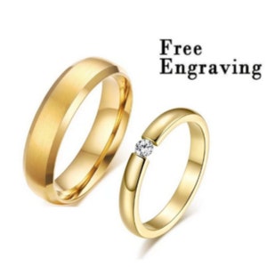 Gold Promise ring for couple matching ring set for him and her his her matching band diamond couple ring set engraved couples rings image 1