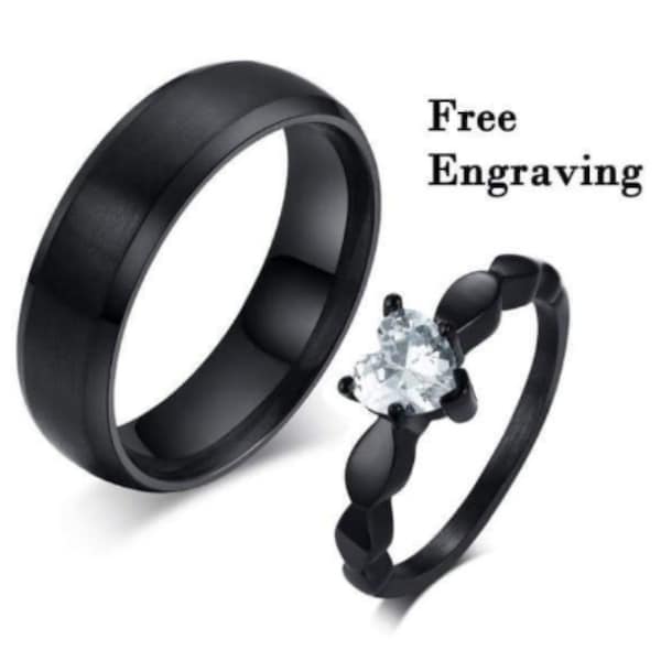 Black promise ring set for couples - diamond heart - matching ring set for him her -  his her custom engraved - couples ring set engraving