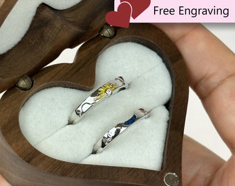 Adjustable Blue Yellow Sun & Moon Couples Rings Set 925 Sterling Silver • Custom Engraved Balance Promise Engagement Anniversary Gift