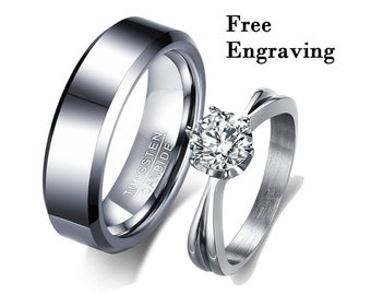 Silver tungsten promise ring set - Matching his and her ring - couple ring with engraving - custom engraved promise ring set for him and her