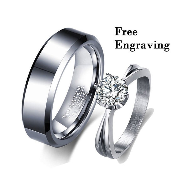 Silver tungsten promise ring set - Matching his and her ring - couple ring with engraving - custom engraved promise ring set for him and her